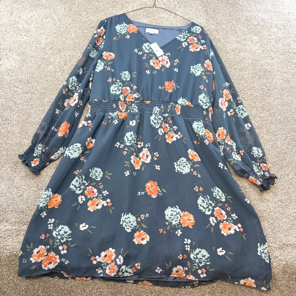 Loft Outlet Women XL Teal Floral Smocked Waist V-Neck Long Sleeve Dress NEW